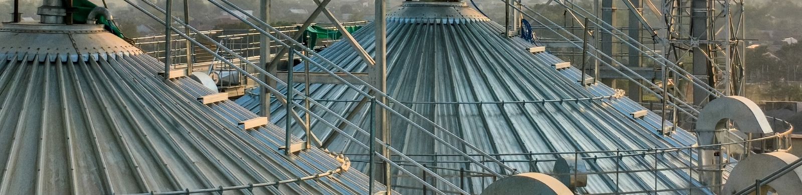 Wide-angle view of interconnected grain silos and overhead conveyor bridge in a large agricultural processing facility Wide-angle view of interconnected grain silos and overhead conveyor bridge in a large agricultural processing facility
